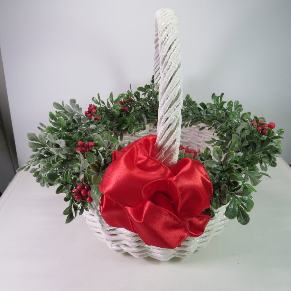 Snowy White Wicker (Strong) Basket w Holly Greenery (removable)